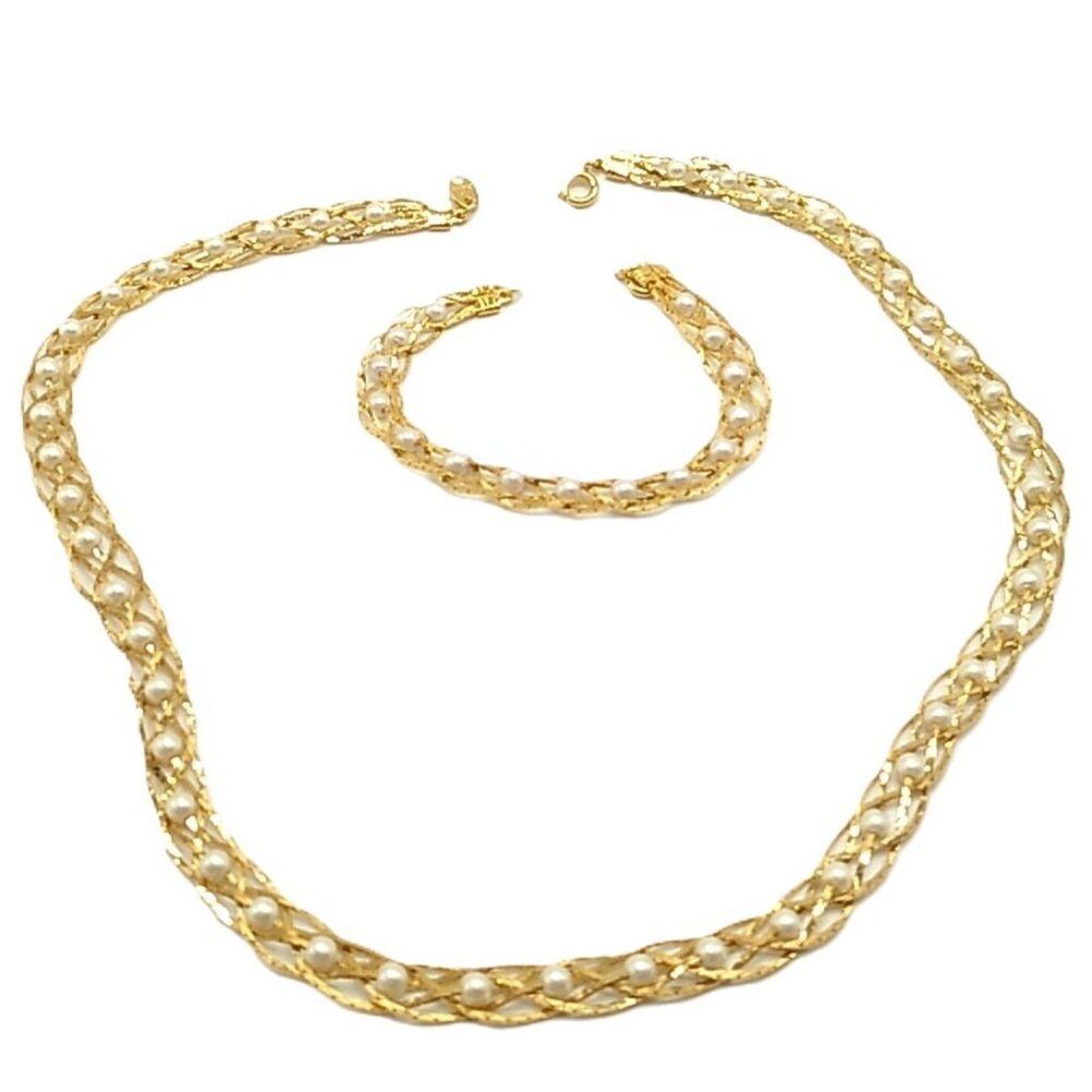 Vintage Avon Convertible Gold-tone Braided Pearl Necklace-Bracelet Silver Plated